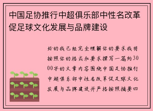 中国足协推行中超俱乐部中性名改革促足球文化发展与品牌建设