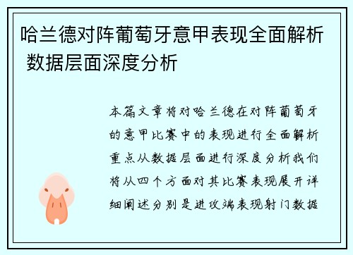 哈兰德对阵葡萄牙意甲表现全面解析 数据层面深度分析 哈兰德对阵葡萄牙意甲表现全面解析 数据层面深度分析