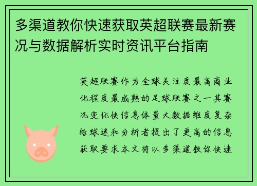 多渠道教你快速获取英超联赛最新赛况与数据解析实时资讯平台指南